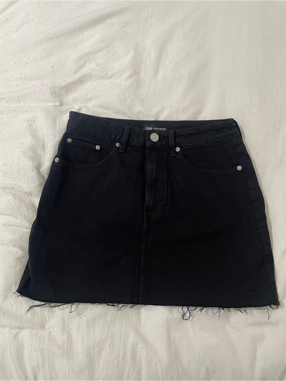 Zara Black Denim Raw-Hem Mini Skirt